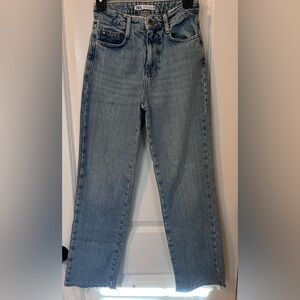 Zara Women's Straight Leg Jeans - Light Blue with Raw Hem